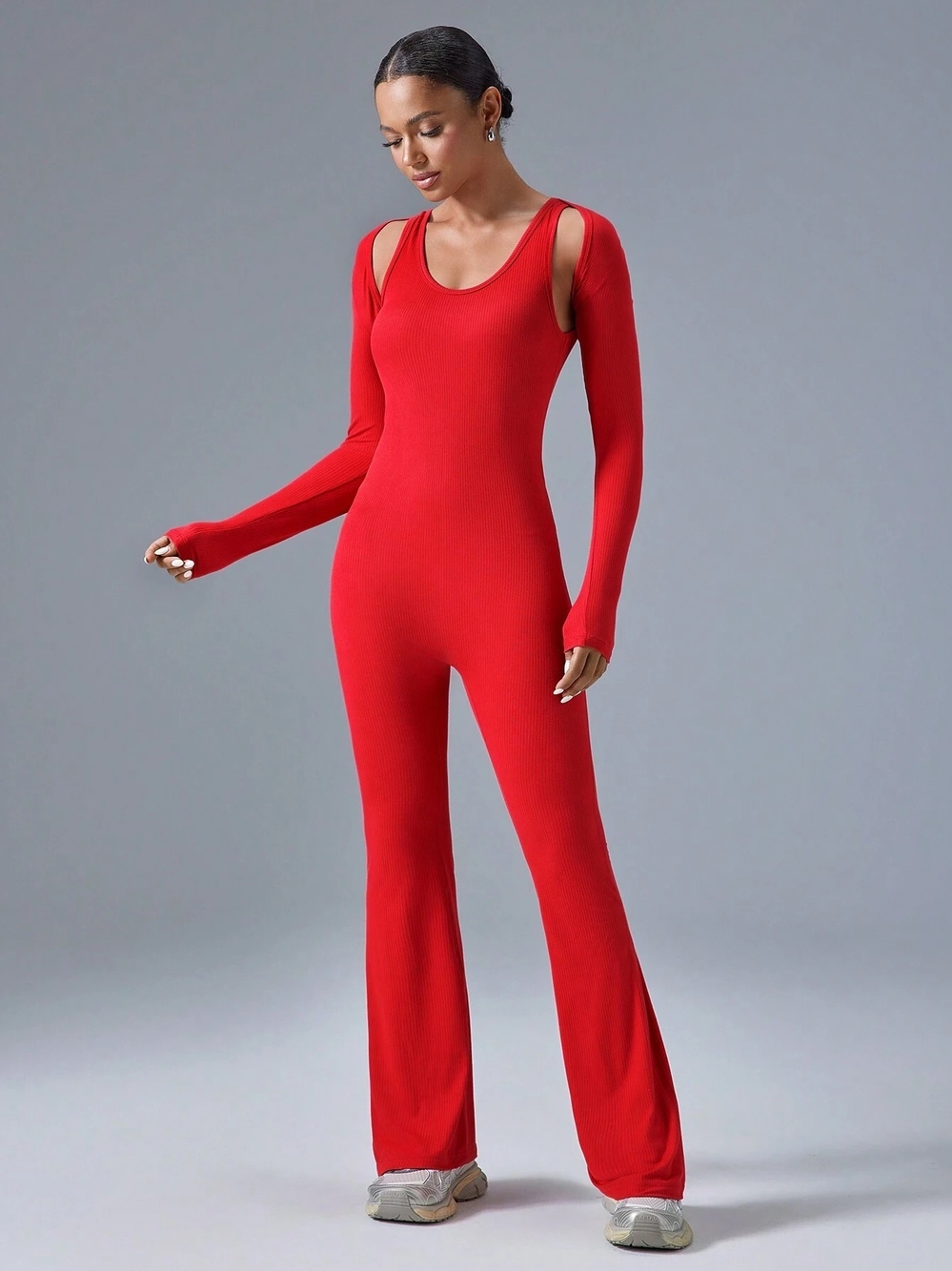Women Athletic Red Ribbed Slim Stretchy Jumpsuit & Shoulder Shrug L